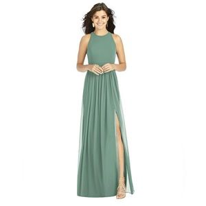 The Dessy Group Seagrass Shirred Skirt Halter Dress with Front Slit